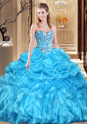 Aqua Blue Lace Up Sweetheart Lace and Appliques Quinceanera Dresses Organza Sleeveless