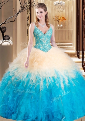 Beauteous Multi-color Lace Up V-neck Lace and Ruffles Quinceanera Gown Tulle Sleeveless