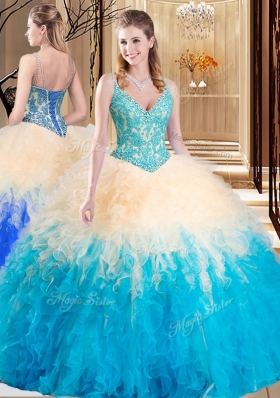 Beauteous Multi-color Lace Up V-neck Lace and Ruffles Quinceanera Gown Tulle Sleeveless