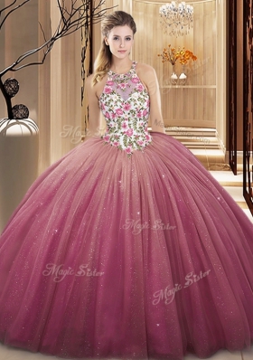 Burgundy High-neck Neckline Lace and Appliques Sweet 16 Quinceanera Dress Sleeveless Lace Up