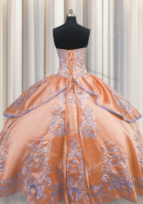 Captivating Sleeveless Taffeta Floor Length Lace Up Quinceanera Gown in Orange for with Beading and Embroidery