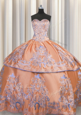 Captivating Sleeveless Taffeta Floor Length Lace Up Quinceanera Gown in Orange for with Beading and Embroidery