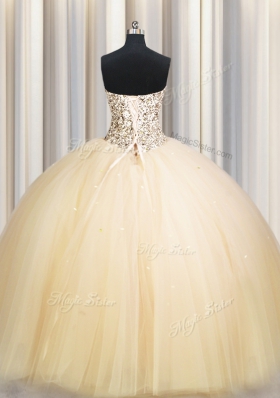 Colorful Really Puffy Gold Tulle Lace Up Strapless Sleeveless Floor Length Sweet 16 Quinceanera Dress Beading and Sequins