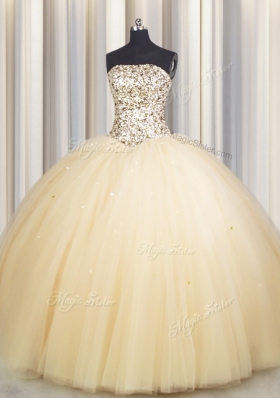 Colorful Really Puffy Gold Tulle Lace Up Strapless Sleeveless Floor Length Sweet 16 Quinceanera Dress Beading and Sequins