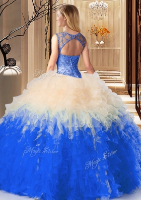 Customized Scoop Sleeveless Tulle Floor Length Lace Up Quinceanera Gowns in Multi-color for with Beading