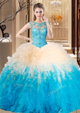 Customized Scoop Sleeveless Tulle Floor Length Lace Up Quinceanera Gowns in Multi-color for with Beading