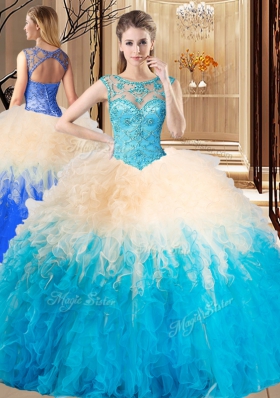 Customized Scoop Sleeveless Tulle Floor Length Lace Up Quinceanera Gowns in Multi-color for with Beading