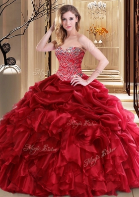 Discount Red Organza Lace Up Sweetheart Sleeveless Floor Length Sweet 16 Dresses Beading and Pick Ups