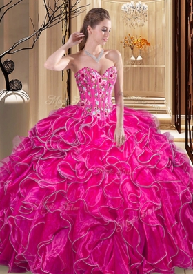 Dynamic Fuchsia Organza Lace Up Sweetheart Sleeveless Floor Length Vestidos de Quinceanera Embroidery and Ruffles