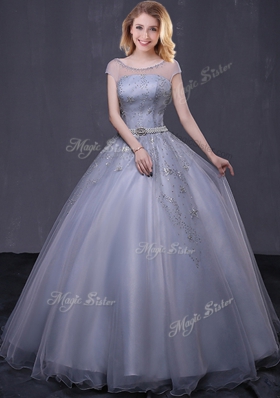 Fashion Grey Lace Up Scoop Beading and Belt 15th Birthday Dress Tulle Cap Sleeves