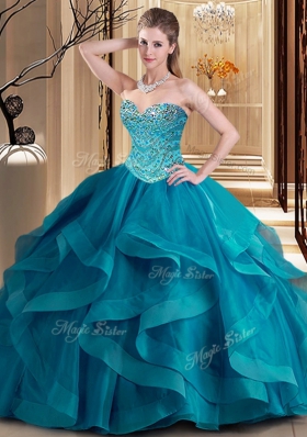 Flare Teal Sleeveless Tulle Lace Up Vestidos de Quinceanera for Military Ball and Sweet 16 and Quinceanera