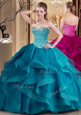 Flare Teal Sleeveless Tulle Lace Up Vestidos de Quinceanera for Military Ball and Sweet 16 and Quinceanera