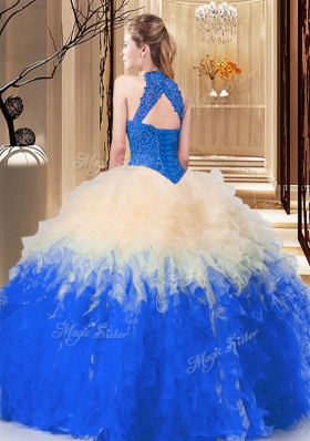 Floor Length Blue And White Quinceanera Dress High-neck Sleeveless Backless