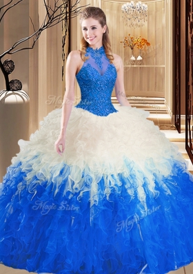 Floor Length Blue And White Quinceanera Dress High-neck Sleeveless Backless