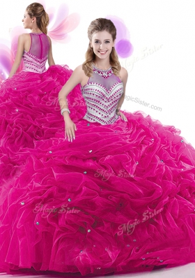 Four Piece Hot Pink Sleeveless Floor Length Beading and Pick Ups Zipper Quinceanera Dress