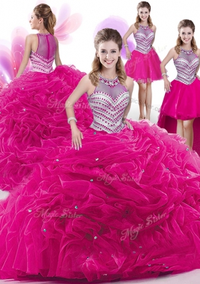 Four Piece Hot Pink Sleeveless Floor Length Beading and Pick Ups Zipper Quinceanera Dress