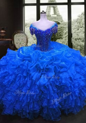Free and Easy Royal Blue Quinceanera Gowns Military Ball and Sweet 16 and Quinceanera and For with Beading and Ruffles Sweetheart Cap Sleeves Lace Up