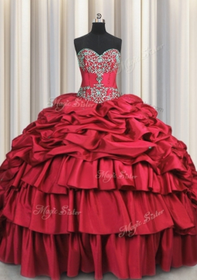 Glittering Sweetheart Sleeveless Taffeta Ball Gown Prom Dress Beading and Embroidery and Ruffled Layers and Pick Ups Brush Train Lace Up