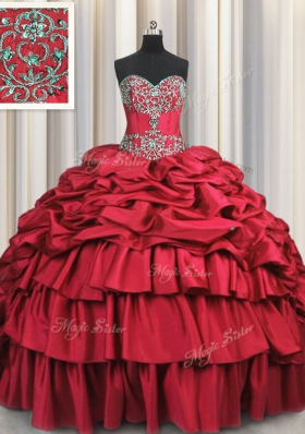 Glittering Sweetheart Sleeveless Taffeta Ball Gown Prom Dress Beading and Embroidery and Ruffled Layers and Pick Ups Brush Train Lace Up