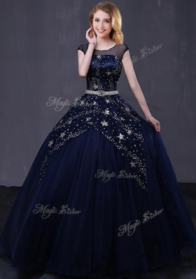 Glorious Scoop Navy Blue Cap Sleeves Tulle Lace Up Quinceanera Dresses for Military Ball and Sweet 16 and Quinceanera