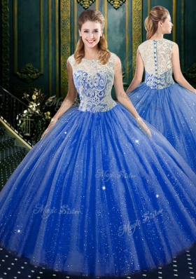 High-neck Sleeveless Ball Gown Prom Dress Floor Length Lace Royal Blue Tulle