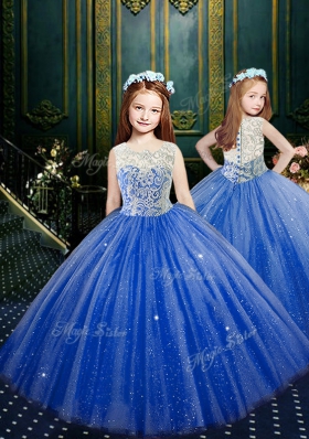 High-neck Sleeveless Ball Gown Prom Dress Floor Length Lace Royal Blue Tulle