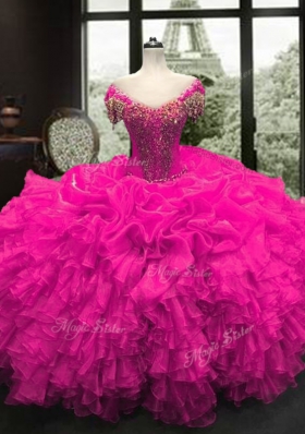 Modern Fuchsia Lace Up Sweetheart Beading and Ruffles Ball Gown Prom Dress Organza Cap Sleeves