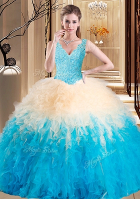 Multi-color Ball Gowns Tulle V-neck Sleeveless Appliques and Ruffles Floor Length Zipper 15th Birthday Dress