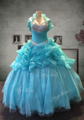 Pick Ups Ball Gowns 15 Quinceanera Dress Aqua Blue Sweetheart Organza and Tulle Sleeveless Floor Length Lace Up