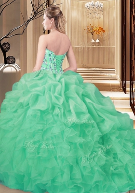 Pretty Apple Green Quinceanera Dresses Prom and Military Ball and Sweet 16 and Quinceanera and For with Embroidery and Ruffles Sweetheart Sleeveless Brush Train Lace Up