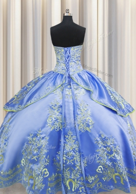 Romantic Embroidery Floor Length Blue Sweet 16 Quinceanera Dress Sweetheart Sleeveless Lace Up