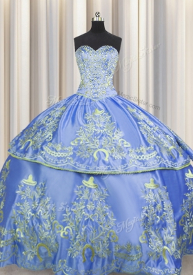 Romantic Embroidery Floor Length Blue Sweet 16 Quinceanera Dress Sweetheart Sleeveless Lace Up