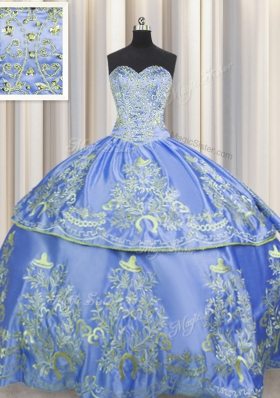 Romantic Embroidery Floor Length Blue Sweet 16 Quinceanera Dress Sweetheart Sleeveless Lace Up
