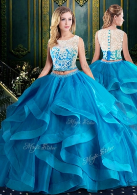 Scoop Baby Blue Tulle Zipper 15 Quinceanera Dress Sleeveless With Brush Train Lace and Ruffles