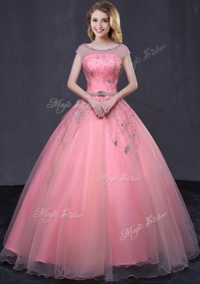Scoop Cap Sleeves Quinceanera Gowns Floor Length Beading and Belt Watermelon Red Tulle