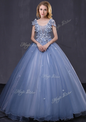 Scoop Floor Length Lavender 15 Quinceanera Dress Tulle Short Sleeves Appliques