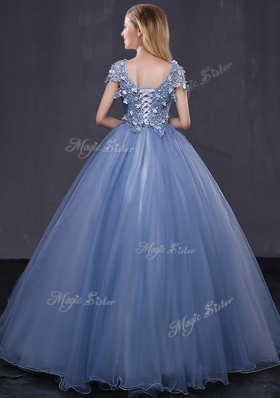 Scoop Floor Length Lavender 15 Quinceanera Dress Tulle Short Sleeves Appliques