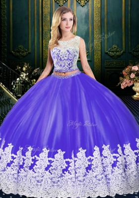 Scoop Purple Two Pieces Lace and Appliques Ball Gown Prom Dress Zipper Tulle Sleeveless Floor Length