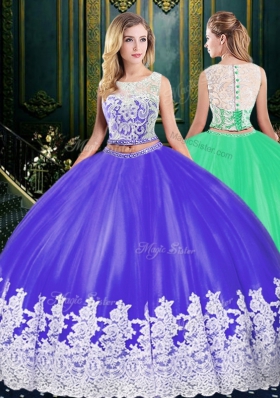 Scoop Purple Two Pieces Lace and Appliques Ball Gown Prom Dress Zipper Tulle Sleeveless Floor Length