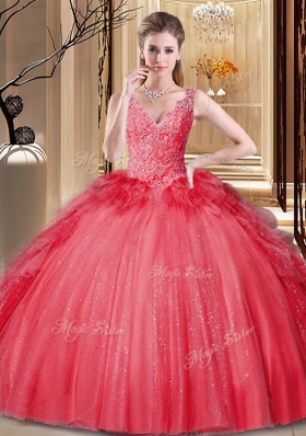 Sequins Pick Ups Red Sleeveless Tulle and Sequined Backless Quinceanera Dress for Military Ball and Sweet 16 and Quinceanera