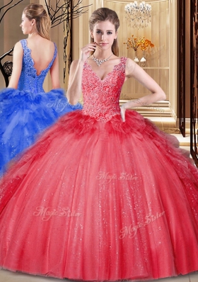 Sequins Pick Ups Red Sleeveless Tulle and Sequined Backless Quinceanera Dress for Military Ball and Sweet 16 and Quinceanera