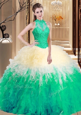 Sleeveless Organza Floor Length Backless Sweet 16 Dresses in Multi-color for with Lace and Appliques and Ruffles