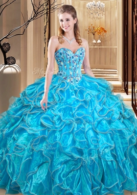 Sleeveless Organza Floor Length Lace Up 15 Quinceanera Dress in Teal for with Embroidery and Ruffles