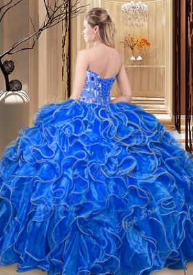 Sleeveless Organza Floor Length Lace Up Quinceanera Dresses in Royal Blue for with Embroidery and Ruffles