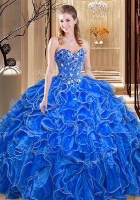 Sleeveless Organza Floor Length Lace Up Quinceanera Dresses in Royal Blue for with Embroidery and Ruffles