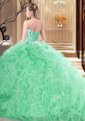 Sweetheart Sleeveless Quinceanera Gown Court Train Embroidery and Ruffles Blue Organza and Fabric With Rolling Flowers