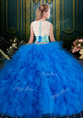 Tulle Zipper Scoop Sleeveless Floor Length 15th Birthday Dress Lace and Ruffles