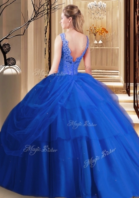 Vintage V-neck Sleeveless Tulle Quinceanera Dress Appliques and Pick Ups Backless