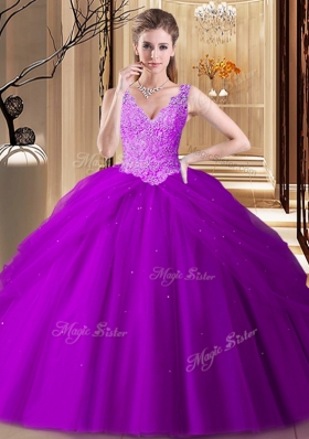 Vintage V-neck Sleeveless Tulle Quinceanera Dress Appliques and Pick Ups Backless