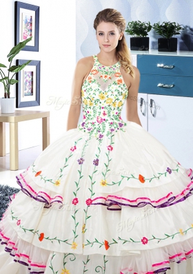 Amazing White Quinceanera Gowns Military Ball and Sweet 16 and Quinceanera and For with Embroidery and Ruffled Layers Halter Top Sleeveless Lace Up